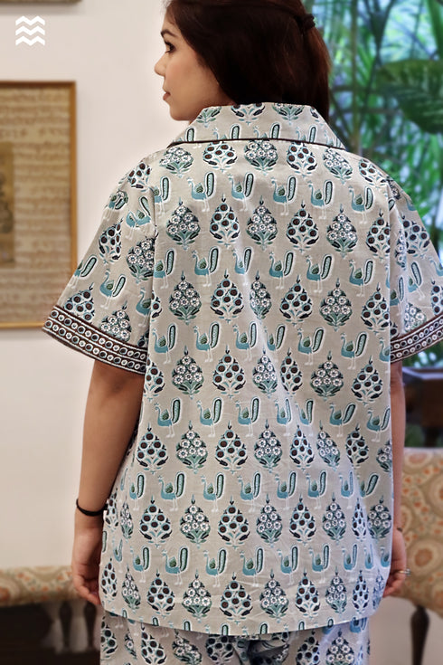 Cambric Cotton Short-Sleeve Pajama Set in Peacock Print