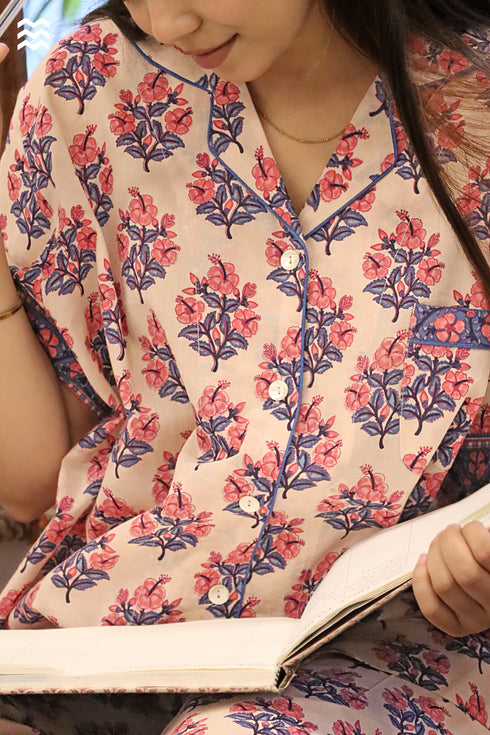 Cambric Cotton Short-Sleeve Pajama Set in Floral Print