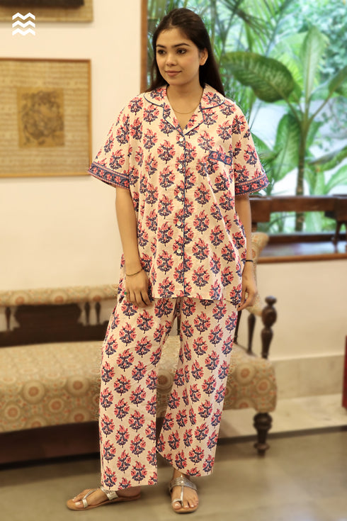 Cambric Cotton Short-Sleeve Pajama Set in Floral Print