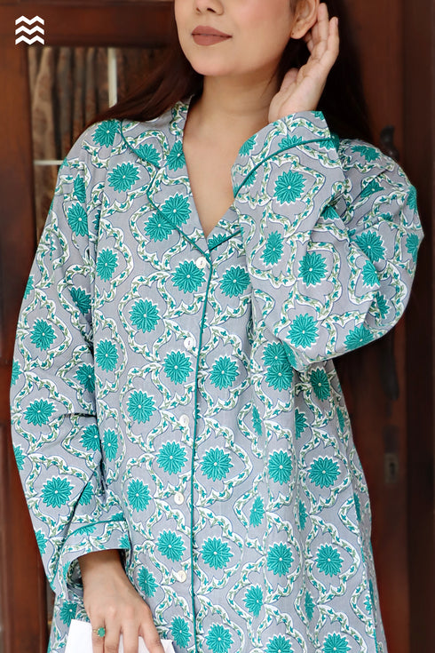 Cambric Cotton Long Pajama Set in Floral Print