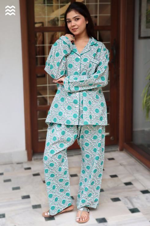 Cambric Cotton Long Pajama Set in Floral Print