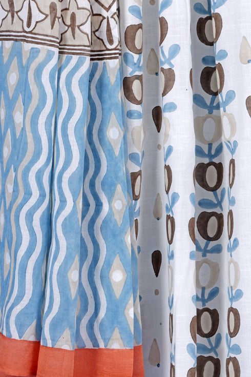 Cotton Slub Blue Modern Floral Dress Material With Dupatta In Block Print