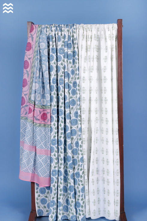 Cambric Cotton Gray/Blue Botanical Dress Material With Dupatta In Block Print