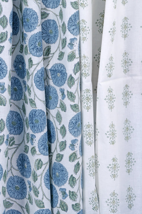 Cambric Cotton Gray/Blue Botanical Dress Material With Dupatta In Block Print