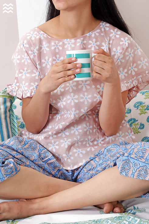 Cambric Cotton Wader Pajama Set In Graphic Block Print