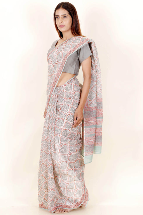 Kota Doria Saree In Floral Block Print