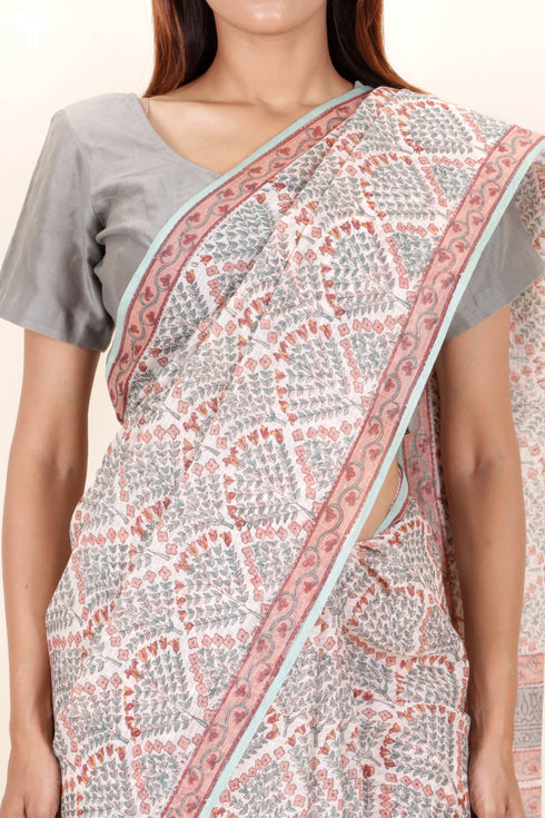 Kota Doria Saree In Floral Block Print