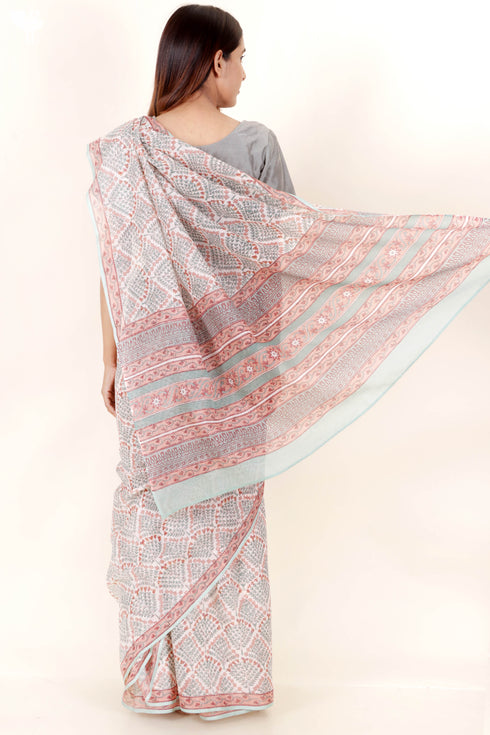 Kota Doria Saree In Floral Block Print