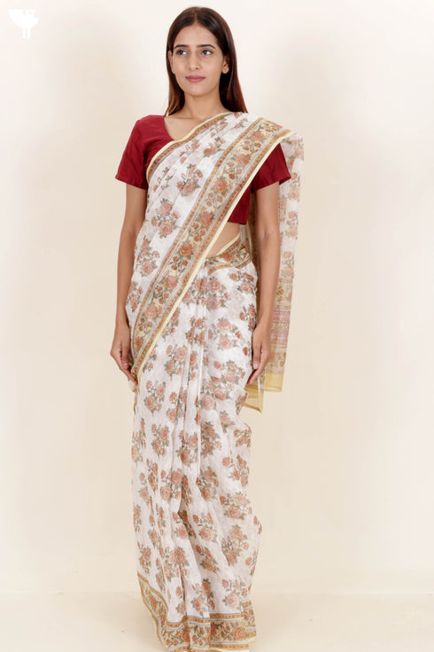 Kota Doria Saree in Floral Block Print