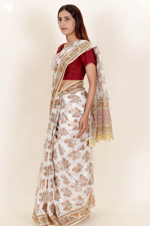 Kota Doria Saree in Floral Block Print