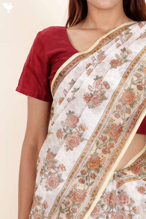Kota Doria Saree in Floral Block Print