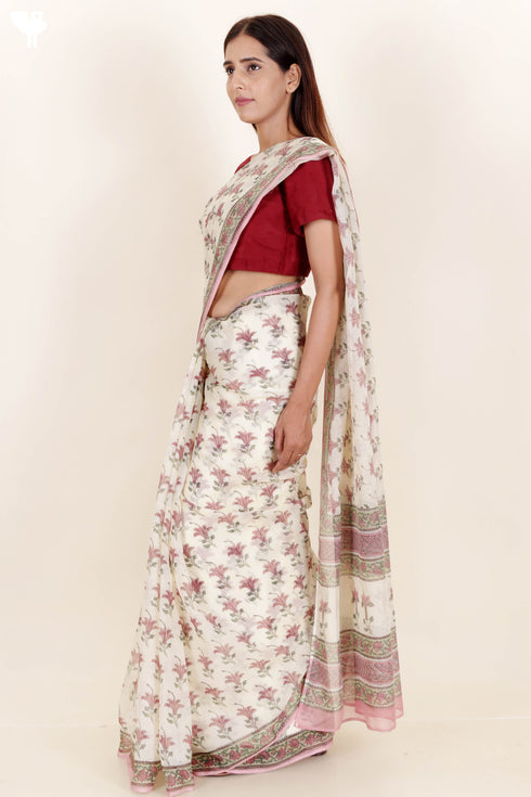 Kota Doria Saree in Floral Block Print