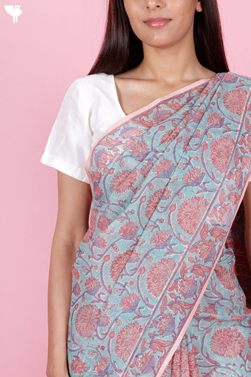 Kota Doria Saree In Floral Block Print