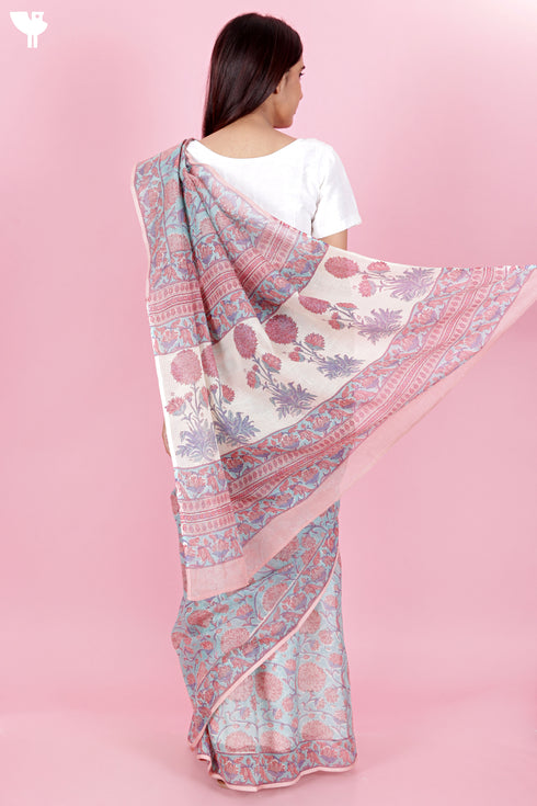 Kota Doria Saree In Floral Block Print