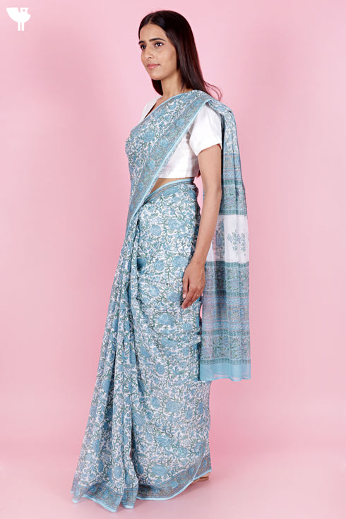 Kota Doria Saree In Floral Block Print