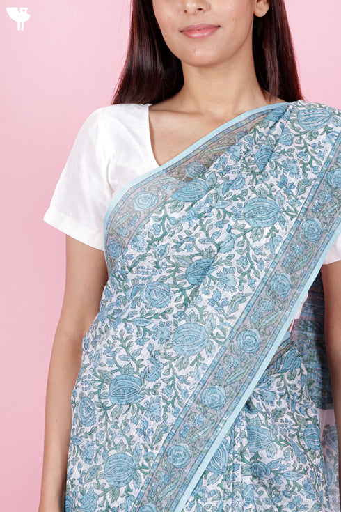 Kota Doria Saree In Floral Block Print