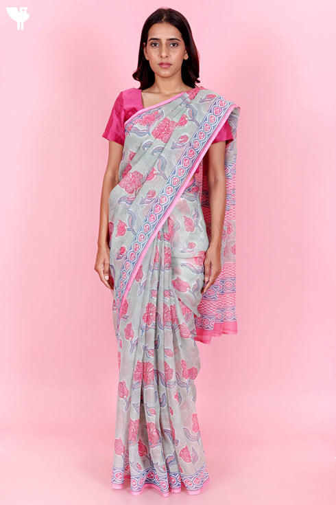 Kota Doria Saree In Floral Block Print
