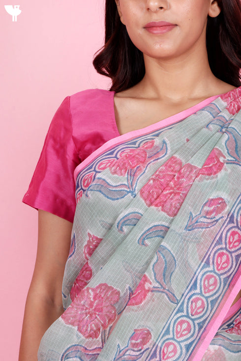 Kota Doria Saree In Floral Block Print