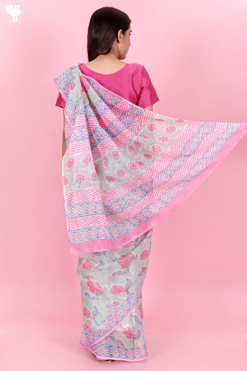 Kota Doria Saree In Floral Block Print