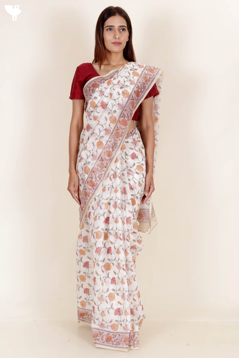 Chanderi Silk Saree In Floral Block Print