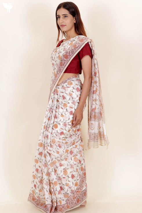 Chanderi Silk Saree In Floral Block Print