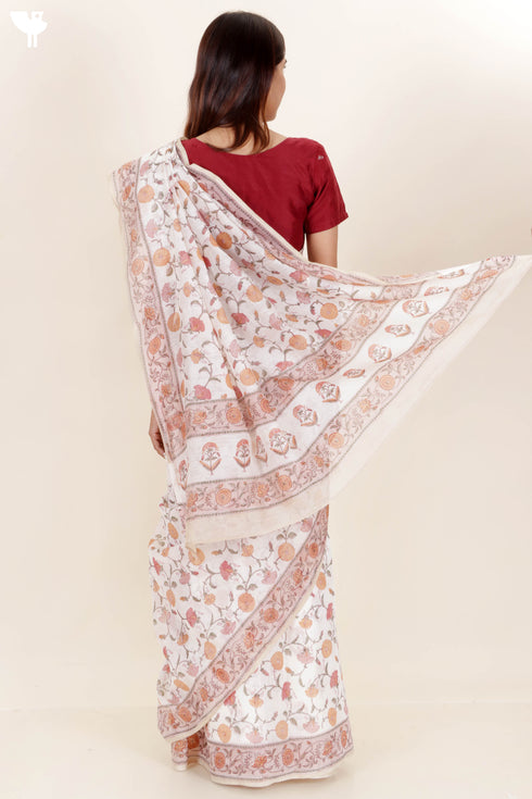 Chanderi Silk Saree In Floral Block Print