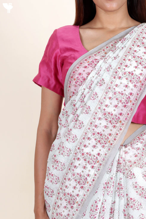 Chanderi Silk Saree In Floral Block Print