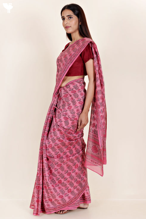 Chanderi Silk Saree In Floral Block Print