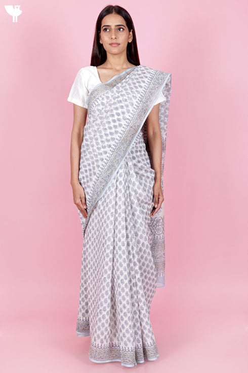 Chanderi Silk Saree In Floral Block Print