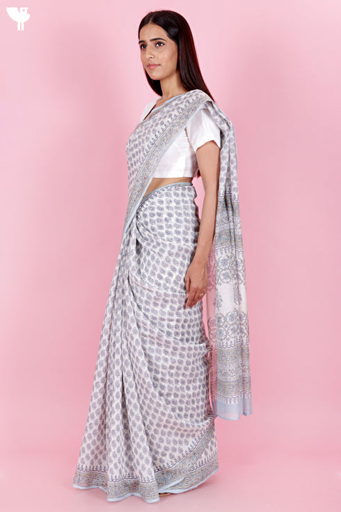 Chanderi Silk Saree In Floral Block Print