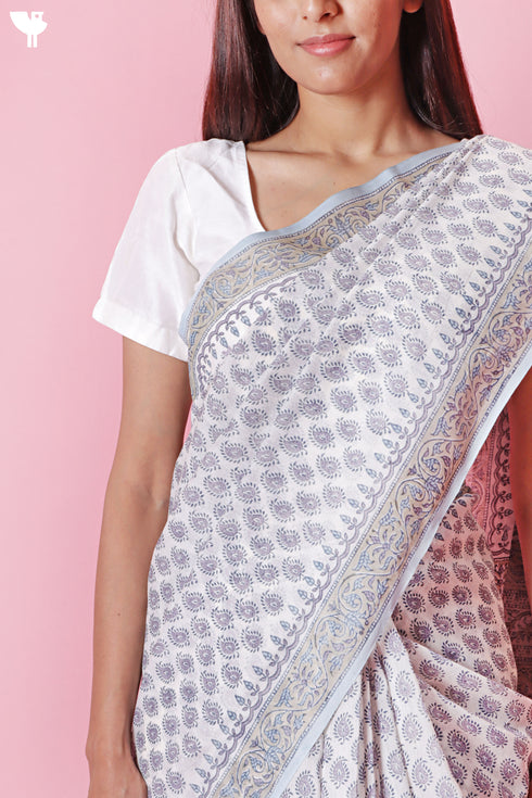 Chanderi Silk Saree In Floral Block Print