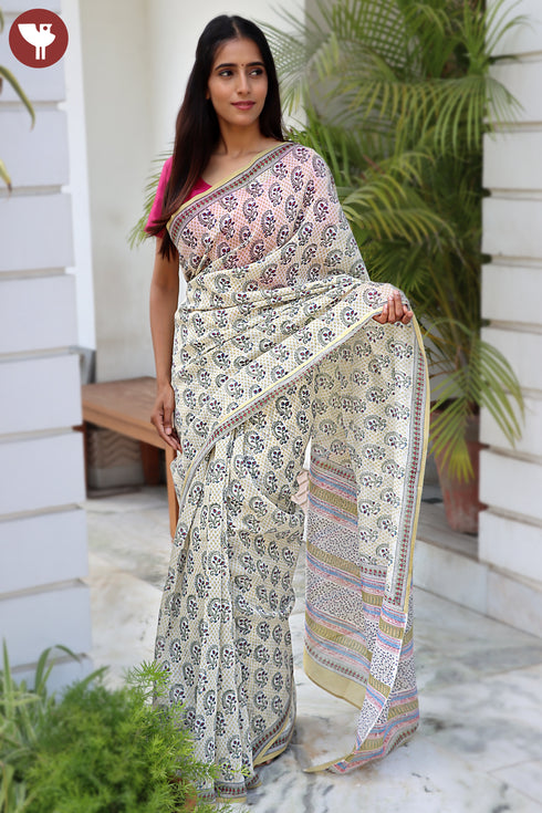 Chanderi Silk Saree In Floral Block Print