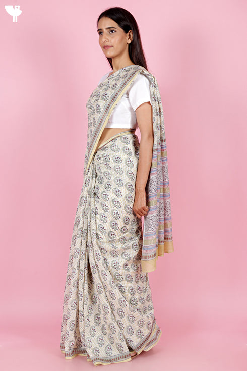 Chanderi Silk Saree In Floral Block Print