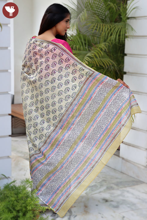 Chanderi Silk Saree In Floral Block Print