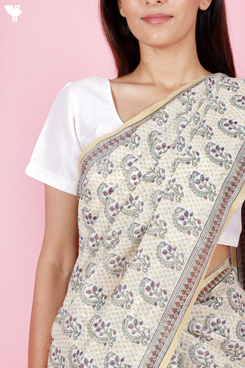 Chanderi Silk Saree In Floral Block Print