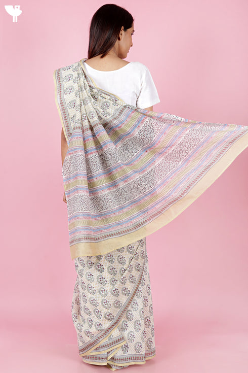 Chanderi Silk Saree In Floral Block Print