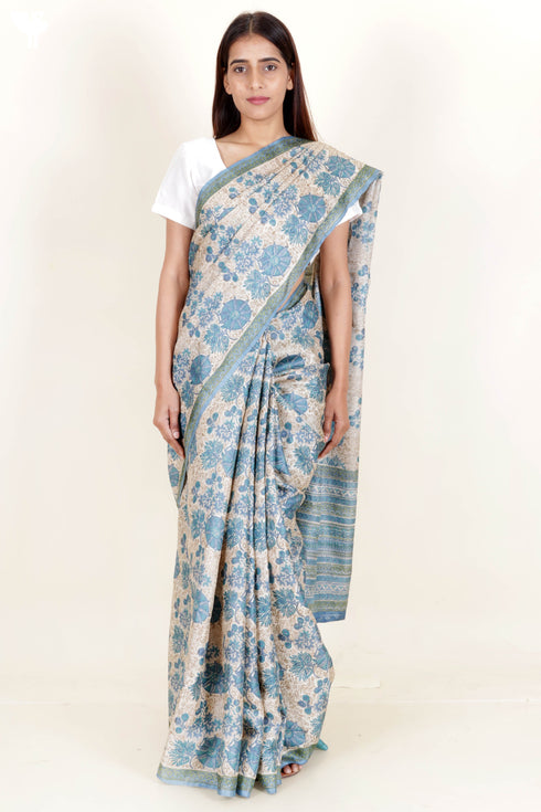 Tussar Silk Saree In Floral Block Print