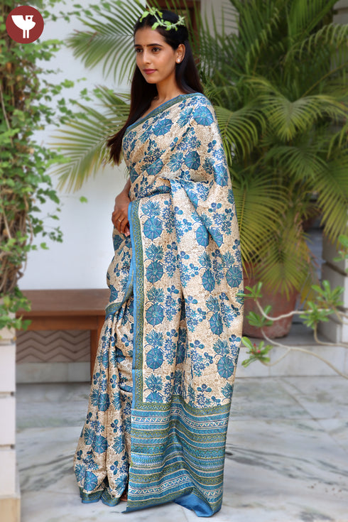 Tussar Silk Saree In Floral Block Print
