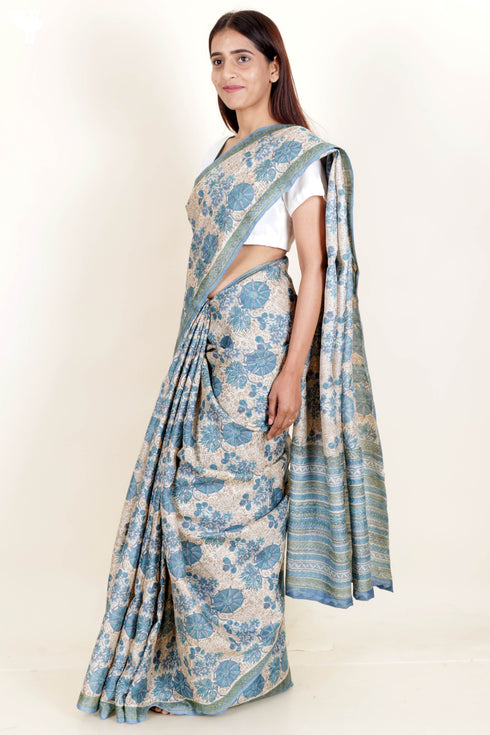 Tussar Silk Saree In Floral Block Print
