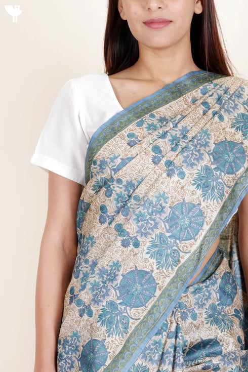 Tussar Silk Saree In Floral Block Print