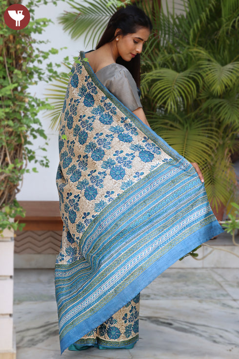 Tussar Silk Saree In Floral Block Print