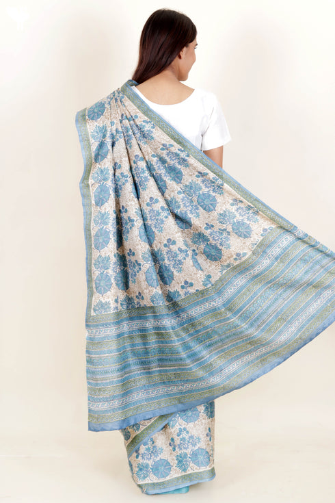 Tussar Silk Saree In Floral Block Print
