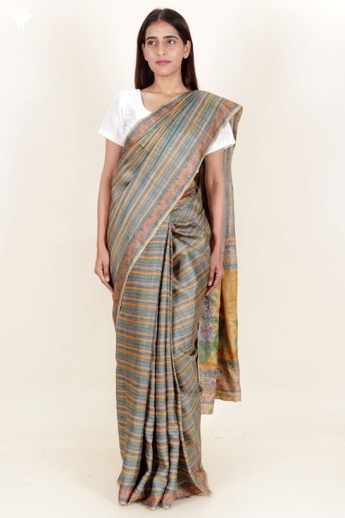 Tussar Silk Saree In Floral Block Print