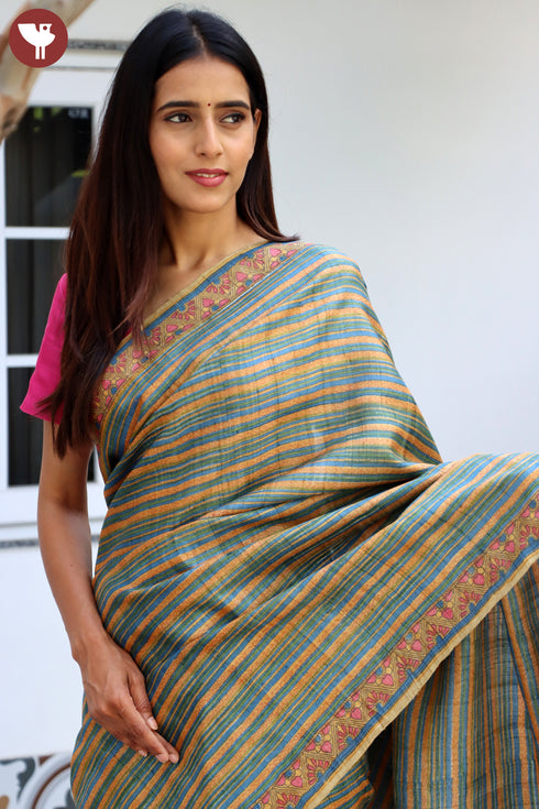 Tussar Silk Saree In Floral Block Print