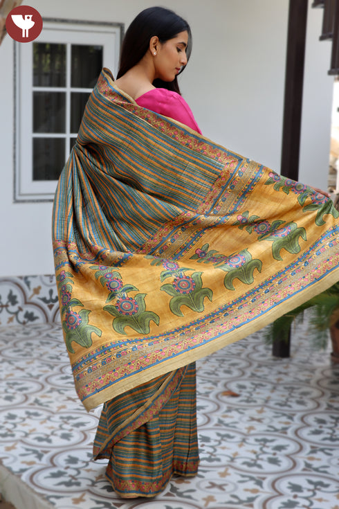 Tussar Silk Saree In Floral Block Print