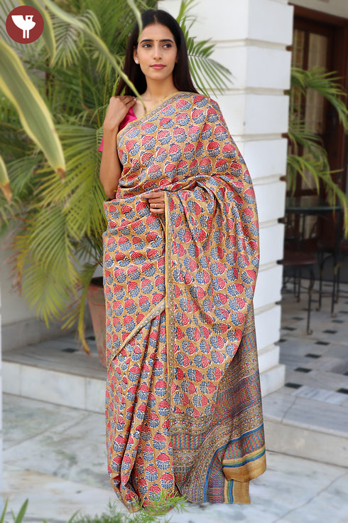 Tussar Silk Saree In Floral Block Print
