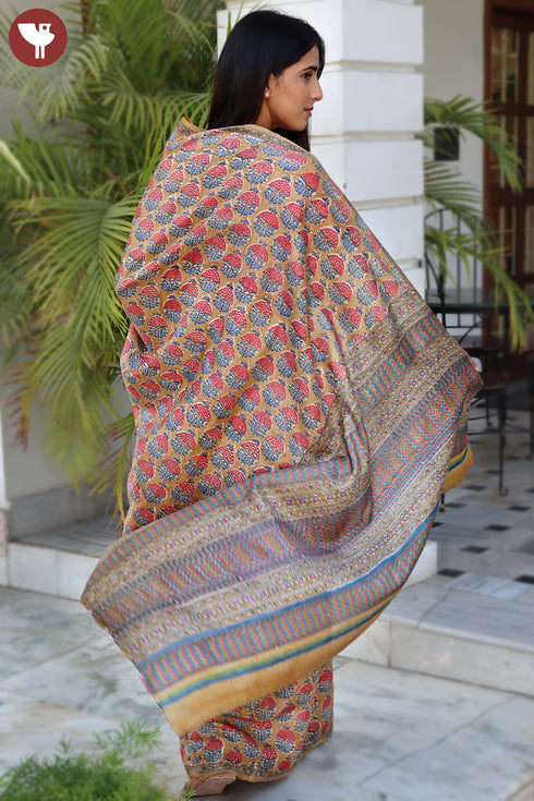 Tussar Silk Saree In Floral Block Print