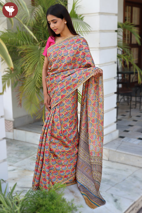 Tussar Silk Saree In Floral Block Print