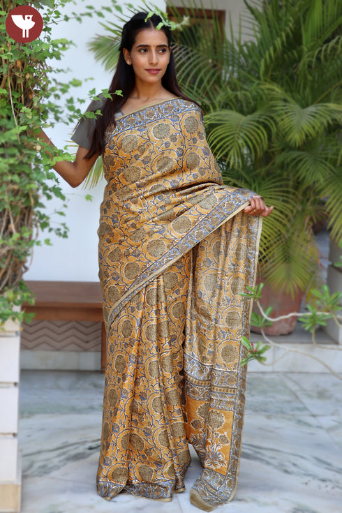 Tussar Silk Saree In Floral Block Print