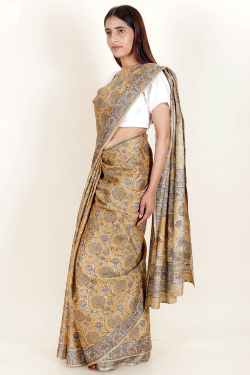 Tussar Silk Saree In Floral Block Print